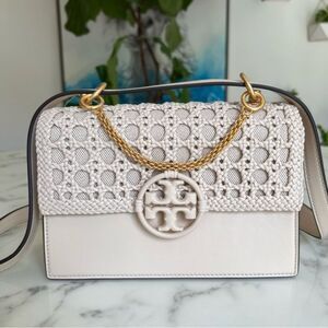 NWOT Tory Burch Miller Basketweave Small Flap Shoulder Bag Brie Ivory Leather